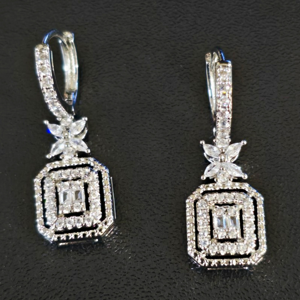 Silver Tone Square Dangle Drop Leverback Earrings Clear Rhinestones Prong Set